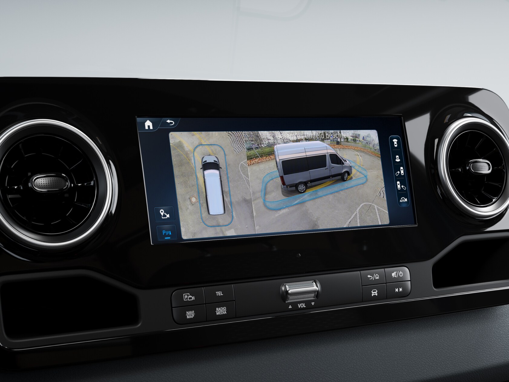 3D obklopujúci pohľad v&nbsp;multimediálnom systéme MBUX v&nbsp;úžitkové vozidlo Mercedes-Benz.