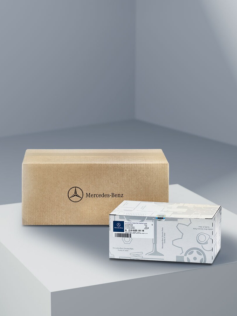 Dva balíky s&nbsp;logom Mercedes-Benz symbolizujúcim originálne diely Mercedes-Benz na svetlej platforme.