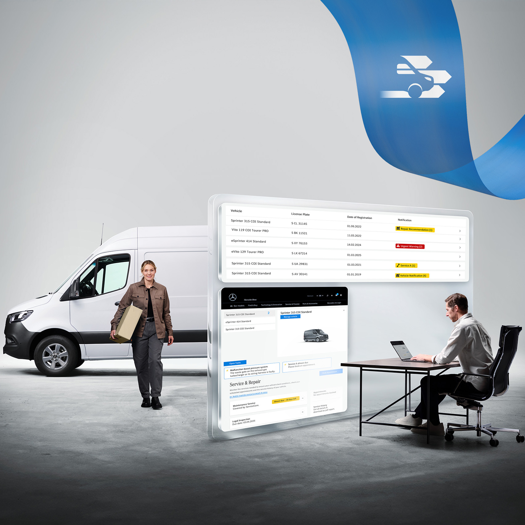 Mercedes-Benz | Technológia úžitkových vozidiel | Van Uptime Monitor Muž monitoruje na laptope vozový park, v pozadí doručovateľka kráča od svojho bieleho úžitkového vozidla Mercedes-Benz Sprinter.